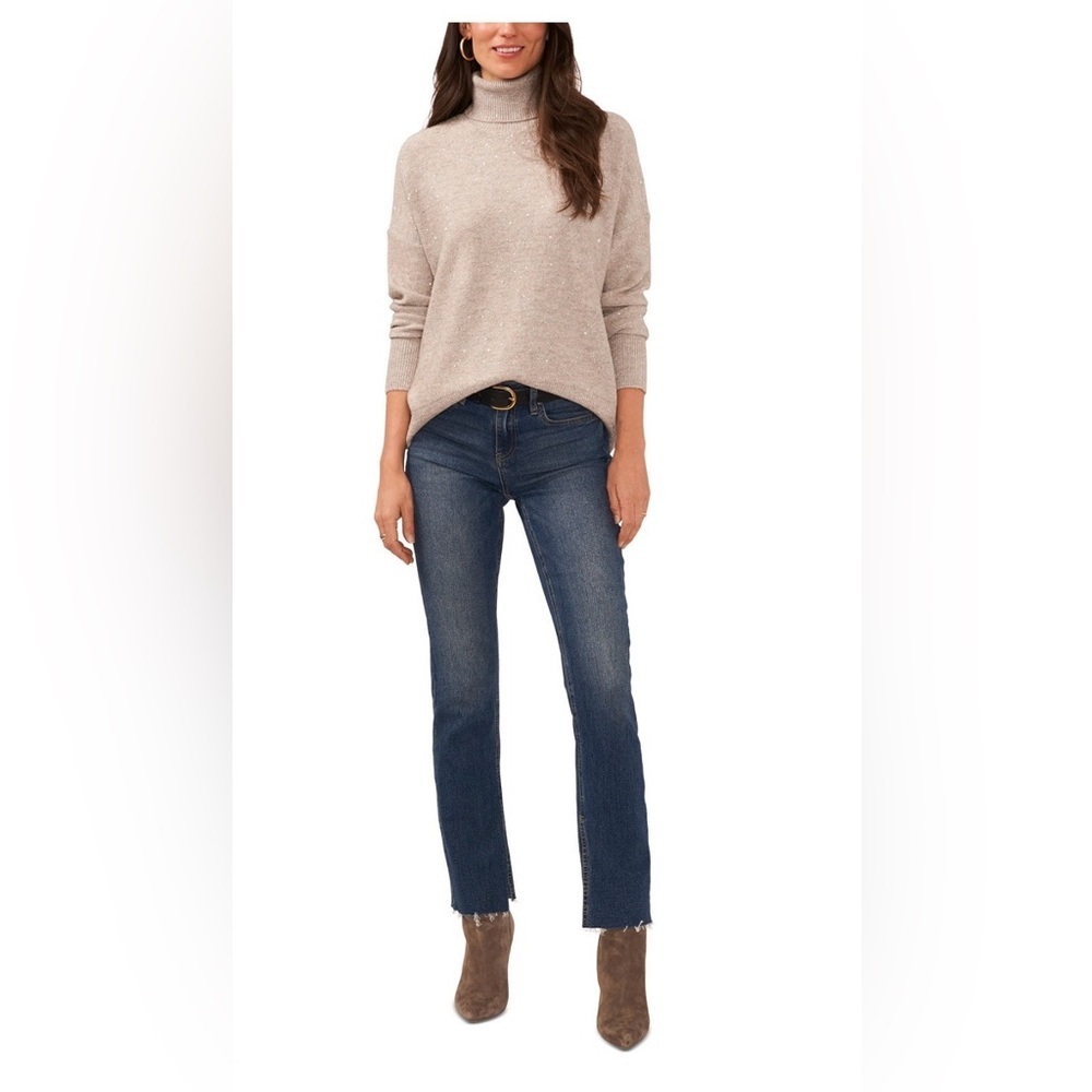 Vince Camuto Sequin Turtleneck Sweater XL Beige Oatmeal Sparkle Knit NWT - Picture 2 of 15